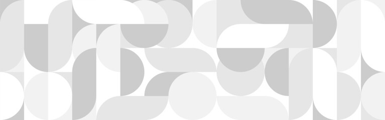 White trendy seamless background of circles and squares in modern Scandinavian style. Cover of gray geometric shapes in retro texture for wallpaper or packaging.