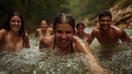 Smiling woman with refreshed friends eagerly splashes into a lively river moment. This radiant scene magnifies the vibrant energy and shared joy of the group adventure.