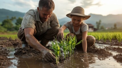 Fototapeta premium A father and his child work side by side in a muddy rice field during the golden hour, fostering teamwork, tradition, and family bonding amid nature's beauty.