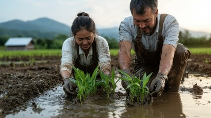 A couple joyfully engage in planting saplings in a muddy field, symbolizing partnership, shared goals, and sustainability, reflecting beautifully in the sunset light.