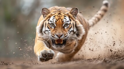 Obraz premium A tiger is captured mid-leap, demonstrating incredible grace and focus as it propels itself forward, illustrating the essence of raw elegance and hunt.