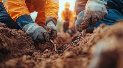 A close-up of construction workers installing underground cables in a prepared trench, their hands skillfully connecting wires with safety equipment in the background