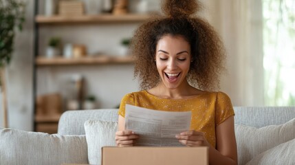 A woman with curly hair sits on a couch, joyfully reading a letter or note that she has just taken from a package, conveying excitement and happiness.