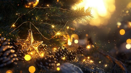 Obraz premium A beautiful close-up of a Christmas tree decorated with warm lights and golden ornaments, creating a magical and festive atmosphere.