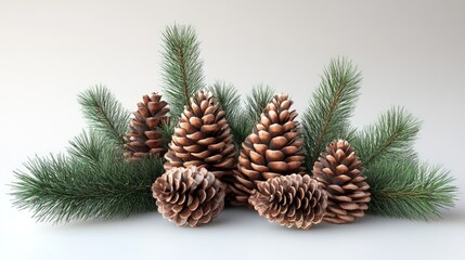 Pine cones and branches on white background.