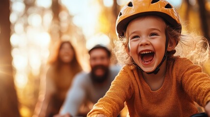 Fototapeta premium A cheerful child wearing a yellow helmet cycles energetically through a sunlit forest, while their smiling parents follow behind, enjoying a fun outdoor activity.