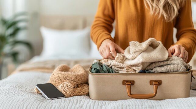 Image shows a woman efficiently packing cozy sweaters into a suitcase, preparing for a trip, while a phone lies on the bed, suggesting digital assistance for travel.