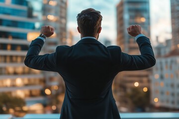 The thrill of triumph and accomplishment as a businessman in a suit raises his arms against the backdrop of a towering skyscraper