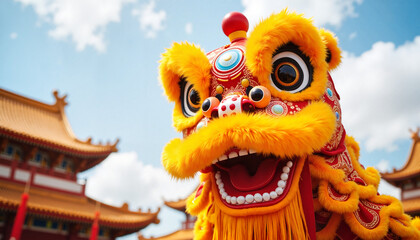 Yellow Chinese lion dance costume during cultural celebration
