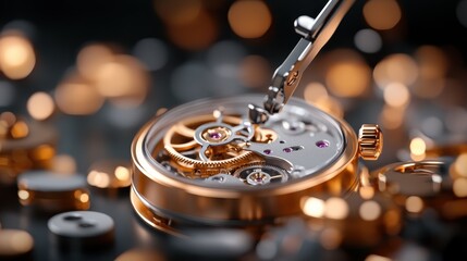 Complex watch mechanics illuminated under warm light, showcasing the art of precision and intricate detail involved in expert watchmaking craft and engineering.