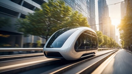 Futuristic transit vehicle travels through a bustling cityscape