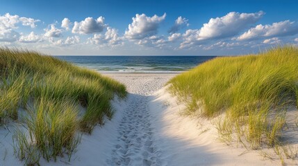 Serene Pathway Through Dunes Leading to Tranquil Ocean at Sunrise