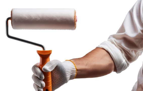 Extreme close-up of the hand of a male house painter while using a paint roller isolated on white or transparent background, png. Home improvement and DIY project concept. Generative Ai.