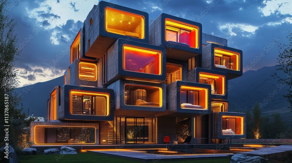 Poster modern brutalist architecture design scenic mountains nighttime illumination unique structure dramat
