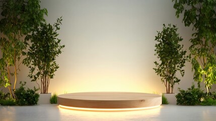 product display podium, a modern podium with a circular platform, clean lines, and neutral lighting, perfect for showcasing products