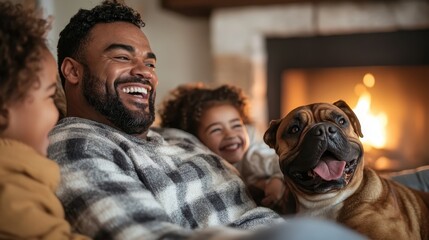 Fototapeta na wymiar A diverse family shares a hearty laugh at home by the warm fireplace, with a cheerful bulldog dog by their side, depicting coziness and familial joy.