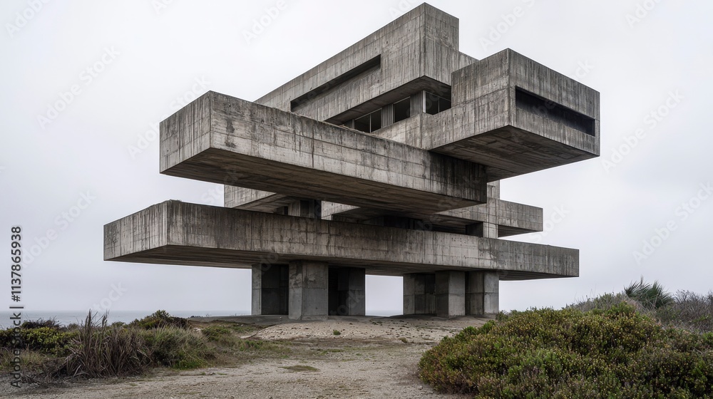 Poster architectural photography of a minimalist brutalist building in a serene coastal landscape unique pe