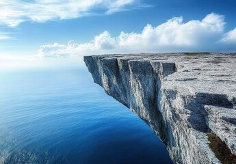 A stunning cliff-edge view overlooking the vast ocean, with a blue sky and white clouds in the background.