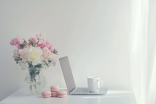 Elegant MacBook Mockup On White Desk With Floral Accents, Minimalist Workspace