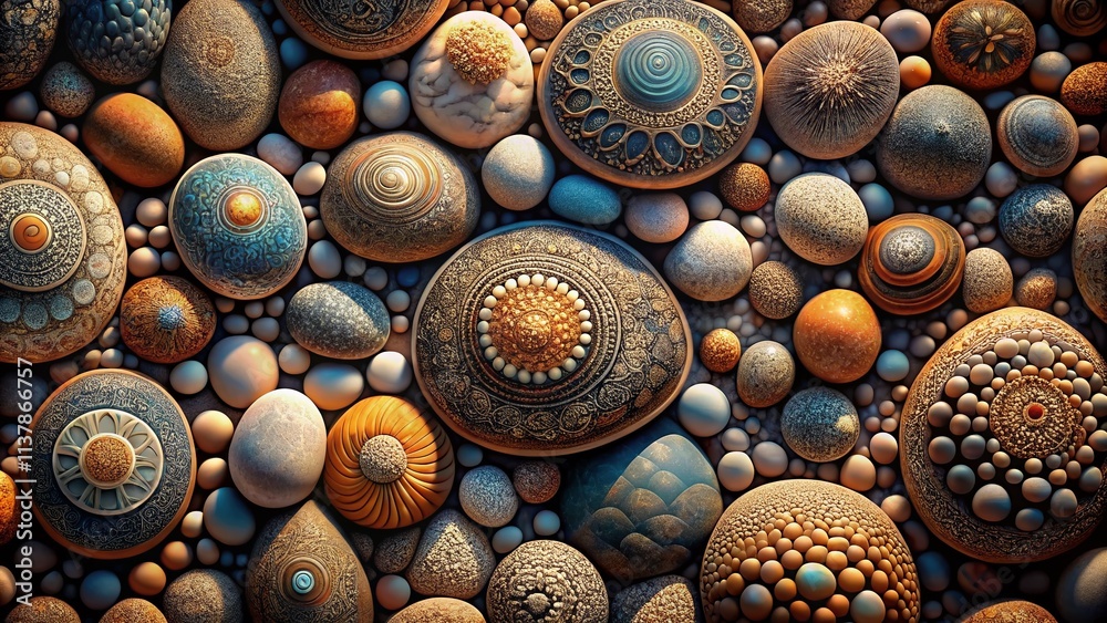 Poster surreal engraved pattern of pebbles creating a dreamlike landscape with intricate textures and shado
