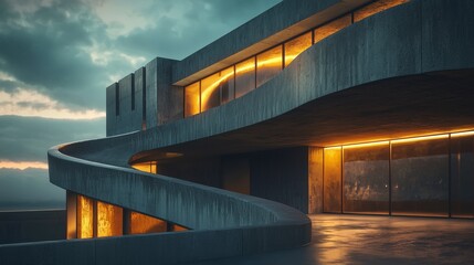 Obraz premium Curving lines illuminate brutalist architecture urban landscape evening light abstract beauty captivating viewpoint