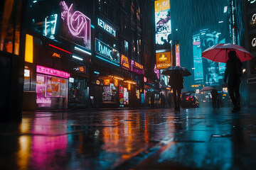 Cyberpunk Street Scene with Neon Reflections and Rain