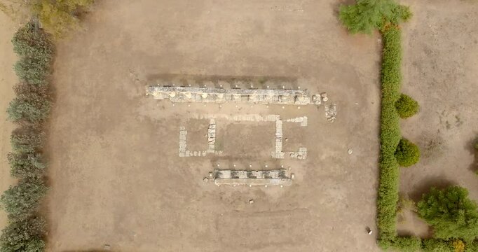 Aerial perpendicular view of the Tavole Palatine ("Palatine Tables") located in Metaponto, Basilicata, Italy. They are the remains of a hexastyle peripteral Greek temple of Magna Graecia.