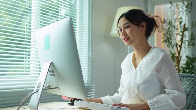 A female designer with a passion for design Phone app development outline creative planning  UX UI designer concept working on a smartphone application on a PC computer in the office.