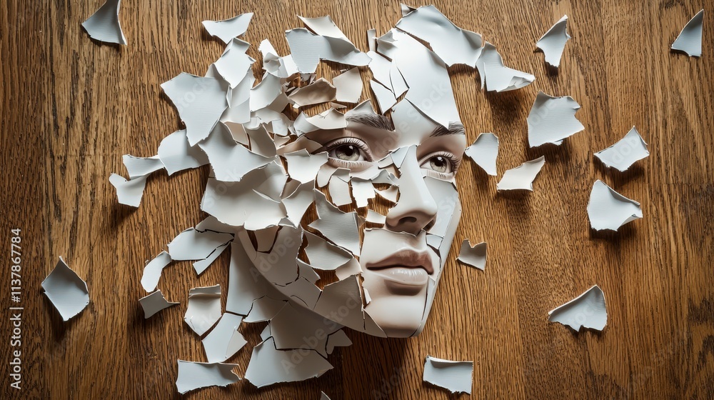 Aufkleber artistic torn paper fragments forming a human face studio fine art minimalist top-down view conceptu