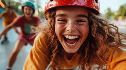 A cheerful child with curly hair and a red helmet joyfully rollerblades with friends in a sunlit park, capturing the essence of freedom and youthful joy.