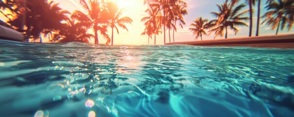 Tropical Paradise Underwater View of Infinity Pool Palm Trees Sunset