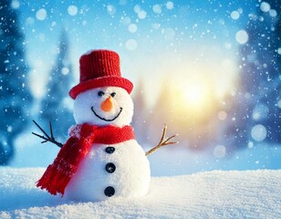 Obraz premium Bannière de Noël avec Bonhomme de Neige Rieur - Paysage Hivernal et Lumières Bokeh Generated image