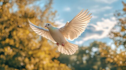 Fototapeta premium White Dove of Peace in the Air with Wings Wide Open Against Blue Cloudy Sky 
