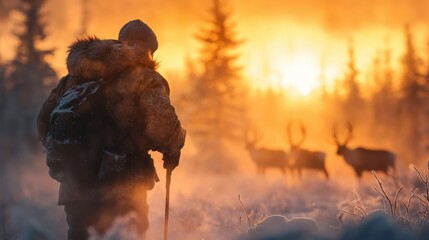 Naklejka premium A person in fur-lined clothing stands with a stick, gazing at deer during a magical sunrise in the snow-laden forest. The warm light casts a golden glow over the scene.