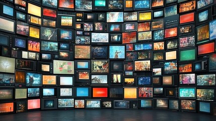 A wall of television screens displaying various media content in an infinite space