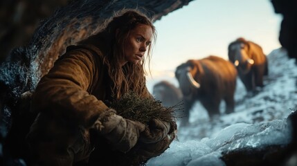 An individual crouches in a snow cave, clutching branches, while observing a herd of mammoths passing by, creating a suspenseful prehistoric atmosphere.