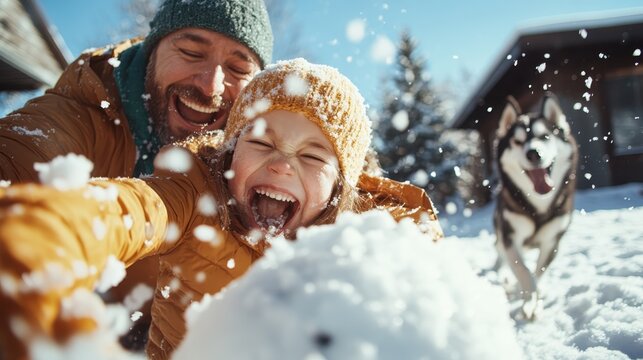 A father and daughter, dressed warmly, laugh out loud while playing in the snow with a zippy husky dog charging toward them in a bright winter scene.