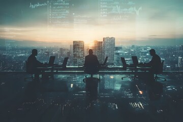 A silhouette of business professionals working in a high-rise office, overlaid with glowing stock market charts. 