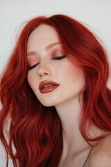 Fototapeta premium Woman with crimson red hair, glowing fair skin, and bold shimmering burgundy lips; her makeup is accentuated by sparkling glitter on her eyes and rosy cheeks.