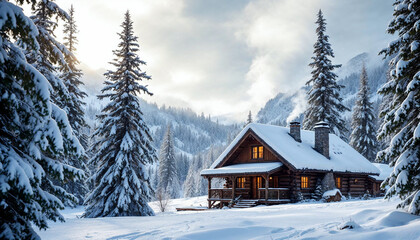Snow-covered cabin with pine trees and mountain backdrop, smoke from chimney.

