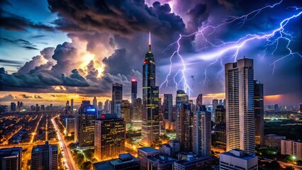 Fototapeta premium Surreal Lightning Strike Cityscape Skyscraper Rain Storm - Dramatic Night Photography
