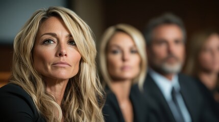 Fototapeta premium A confident businesswoman sits in a meeting with focus and determination, highlighting the professional atmosphere and corporate ambiance in a sophisticated visual style.