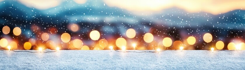 Fototapeta premium Festive Winter Night Snowy Landscape with Bokeh Lights Snowfall