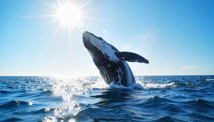 Obraz premium Humpback whale breaching under a bright sunlit sky 