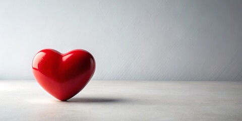 Fototapeta premium A single red heart rests on a light gray surface against a neutral background