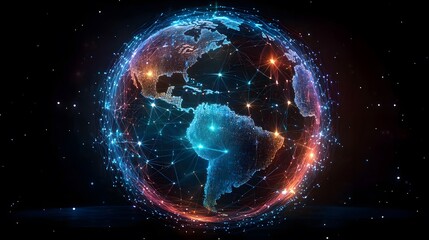 Obraz premium Glowing Globe Earth with a network of lights on the Dark Background AI Generated