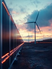 Fototapeta premium A serene landscape featuring wind turbines and solar panels against a colorful sunset, symbolizing renewable energy and sustainability.