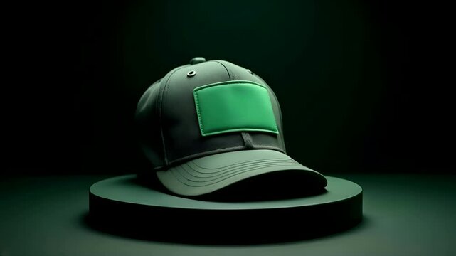 Baseball Cap Mockup Display on Dark Green Background with Blank Patch for Logo Design Presentation and Branding Template Scene