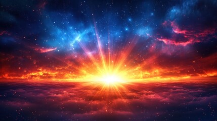 Fototapeta premium Vibrant Sunrise Over Cosmic Landscape with Colorful Nebula and Stars
