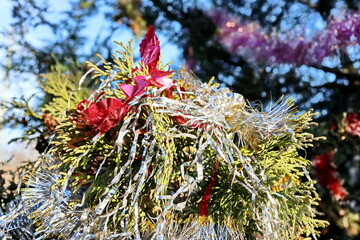 Happy New Year.Christmas tree decorations and toys for fir trees covered with snow and ice. Close-up. Merry Christmas.2024.